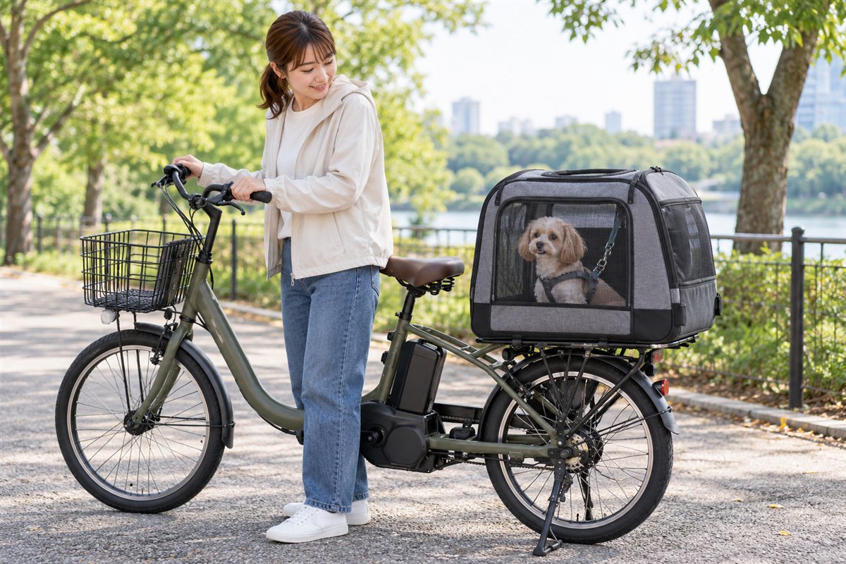 スタンドを立てた電動自転車の横でキャリー内の犬を確認する飼い主