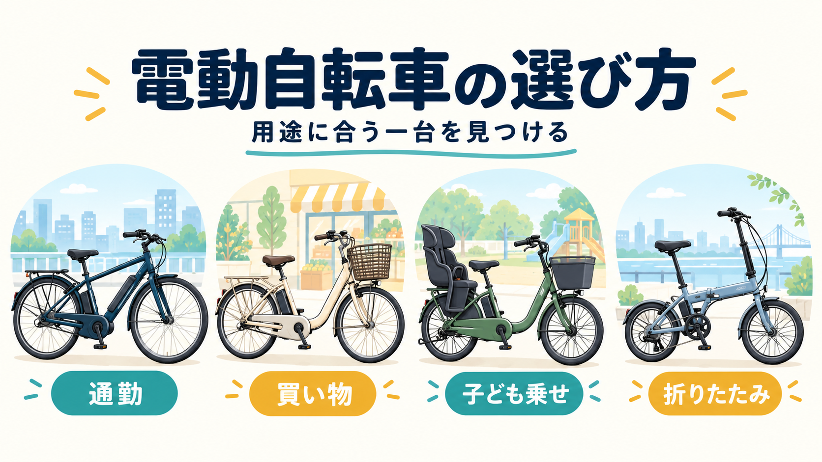 通勤、買い物、子ども乗せ、折りたたみの四つの用途を示す電動アシスト自転車のイラスト
