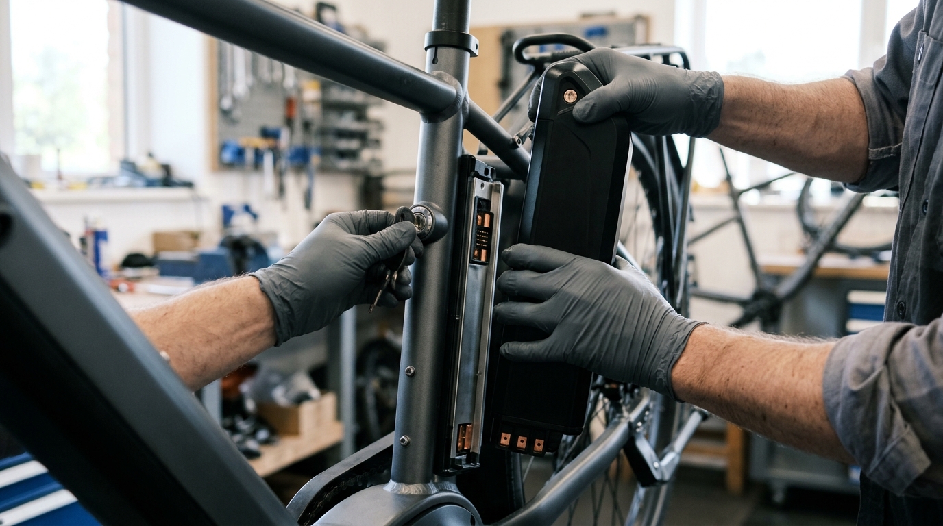 電動アシスト自転車のバッテリー着脱とコネクタ点検