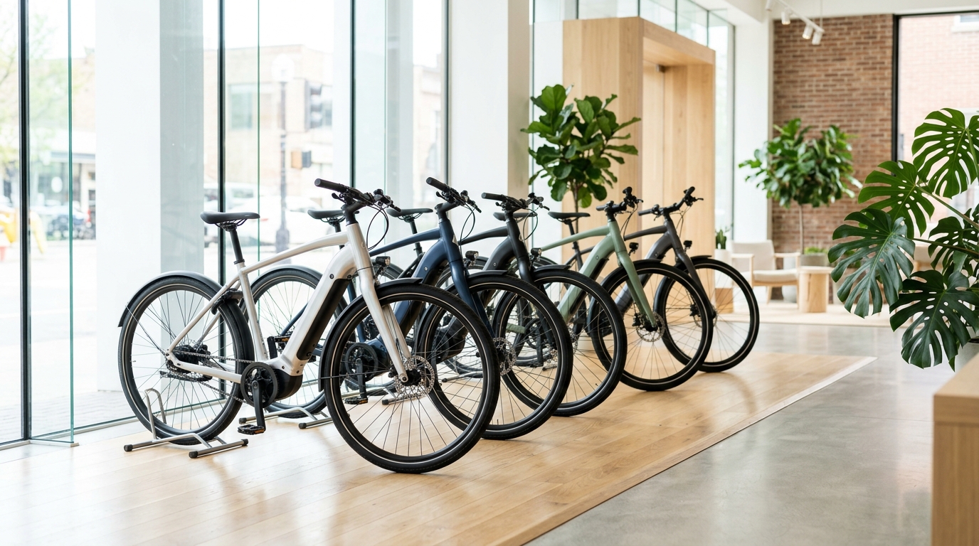 最新の電動アシスト自転車が並ぶ明るいショールーム