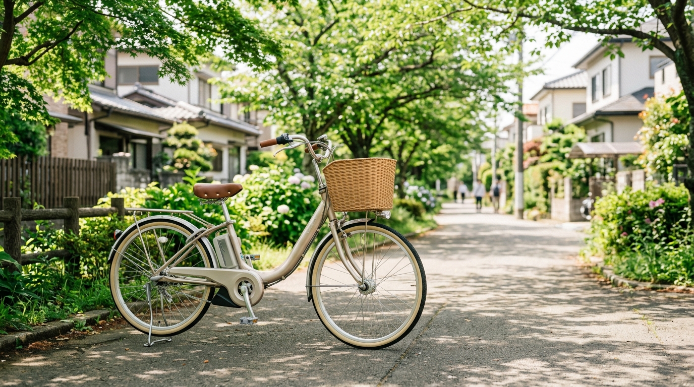 緑豊かな住宅街に佇む50代60代女性向けの超低床軽量電動アシスト自転車