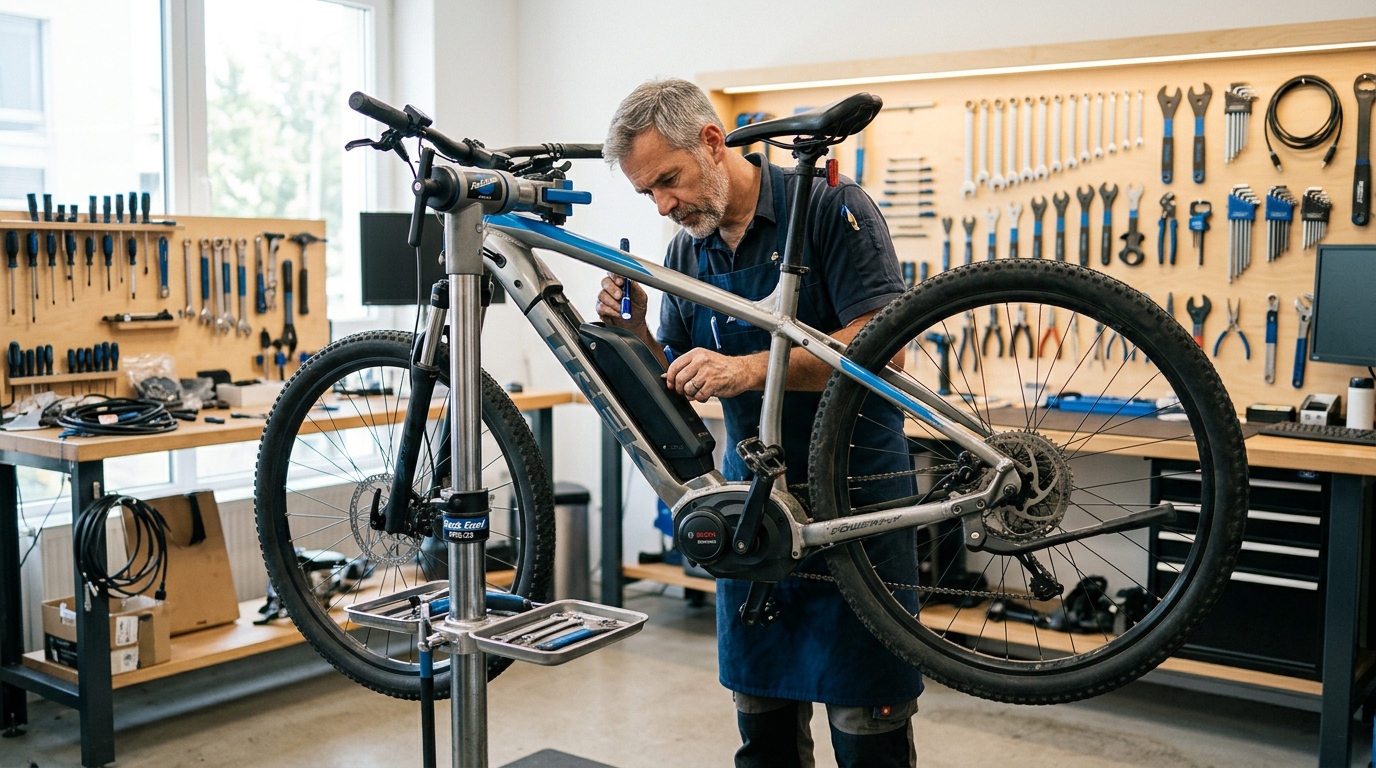 自転車プロショップで電動アシスト自転車のリアキャリアとチャイルドシート適合性を点検する風景