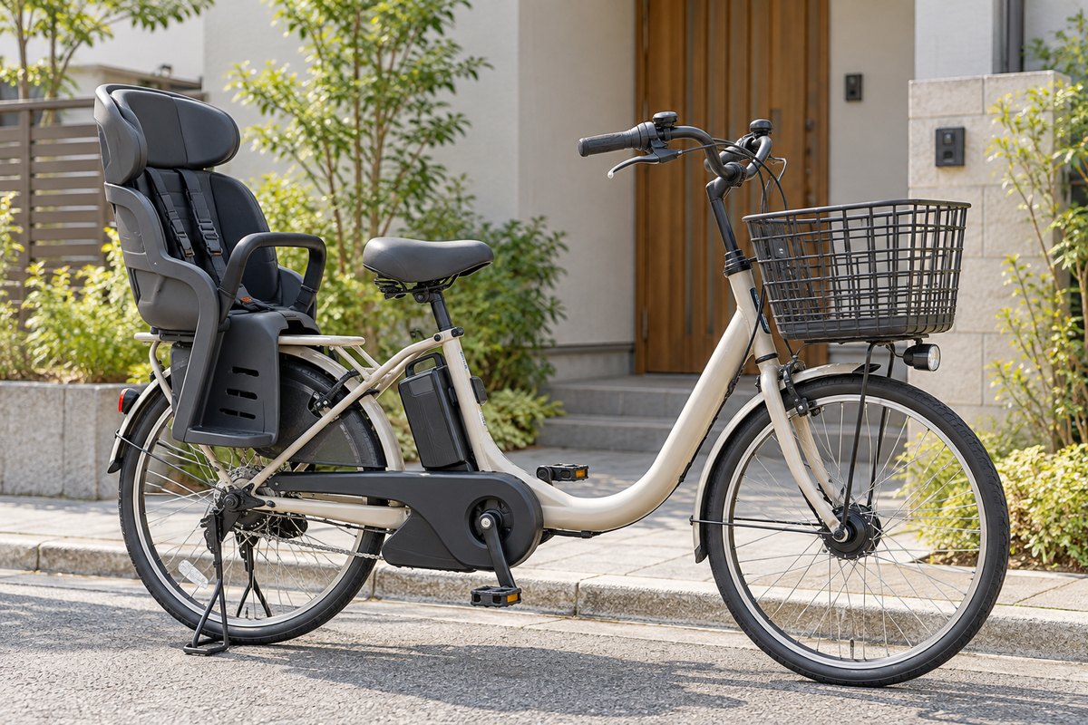 後部チャイルドシートと前かごを備えた電動アシスト自転車のイメージ