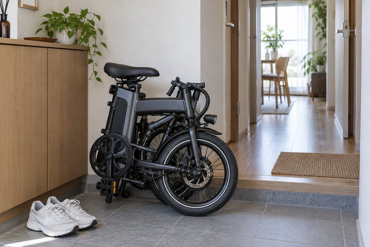 玄関に折りたたんで置かれた小型電動アシスト自転車のイメージ
