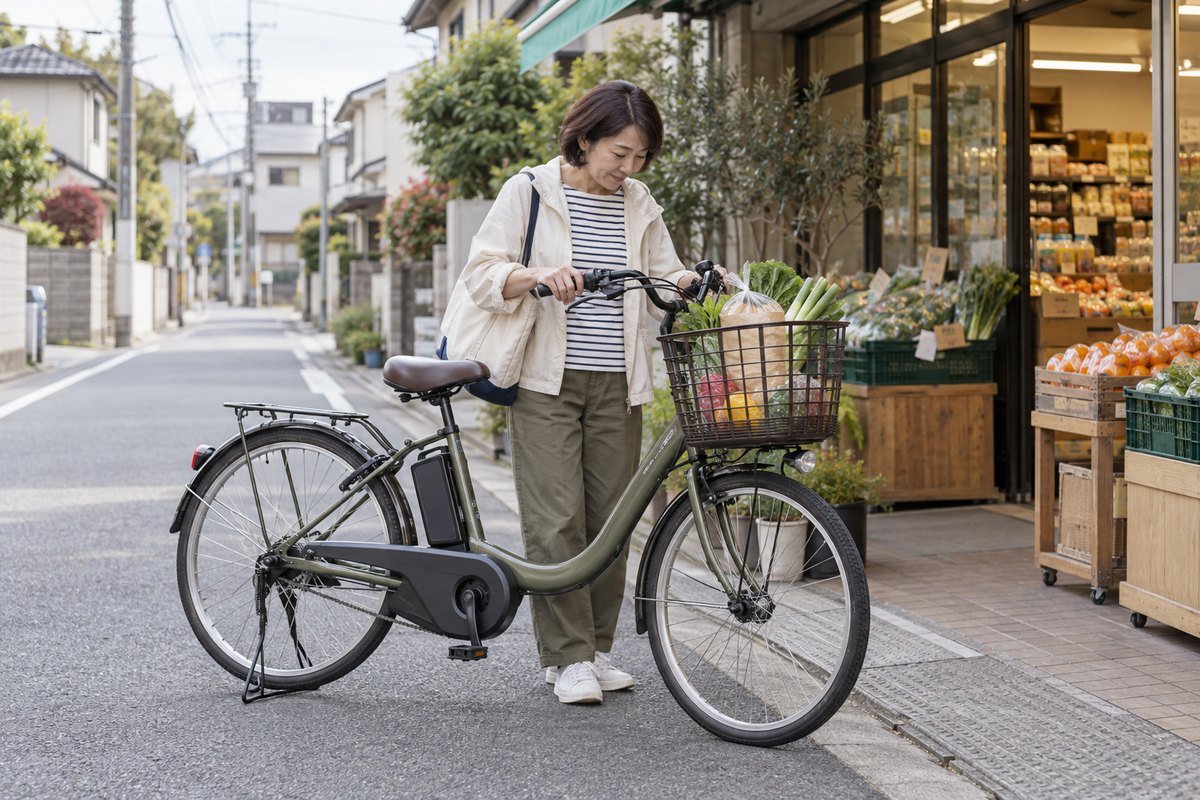買い物かごに野菜を載せた電動アシスト自転車と利用者のイメージ