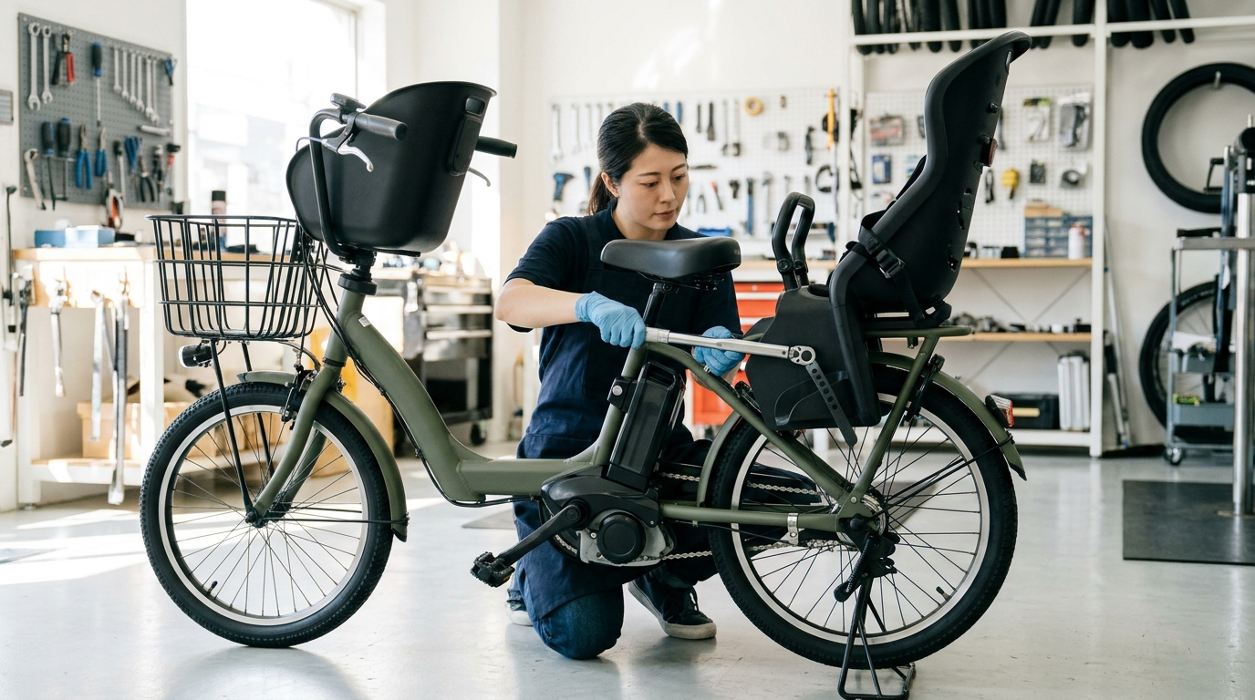 3人乗り電動アシスト自転車のチャイルドシート安全点検・固定作業