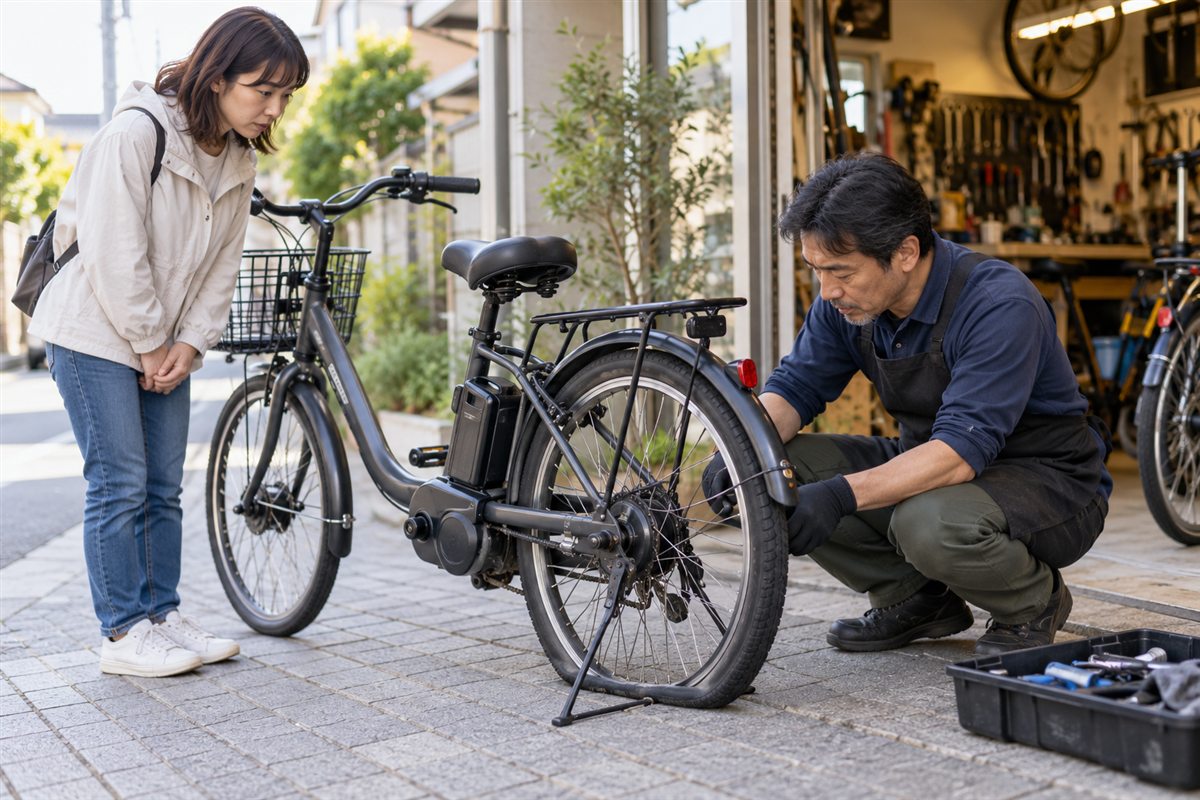 パンクした電動自転車の後輪を自転車店で確認する整備士