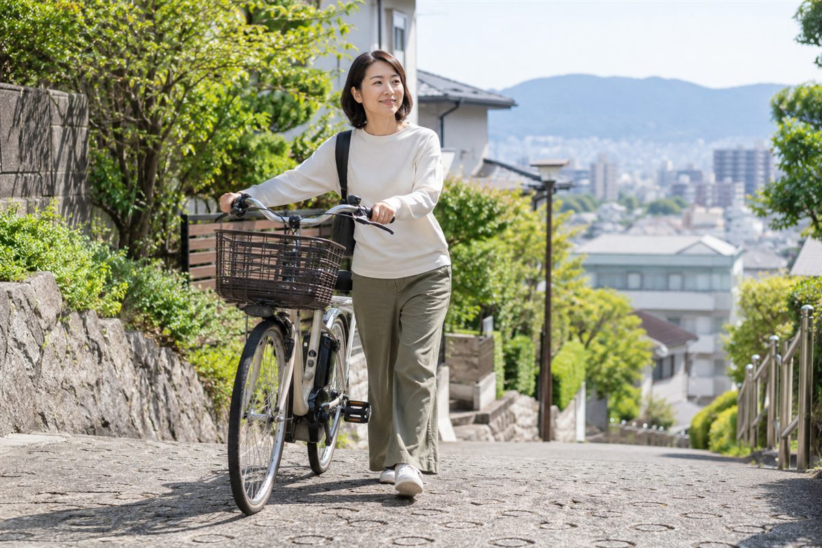 緩やかな坂道で電動自転車を押し歩く人