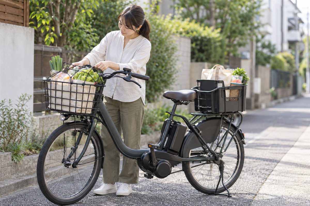 日用品を安定して積んだ電動自転車と荷物を確認する人