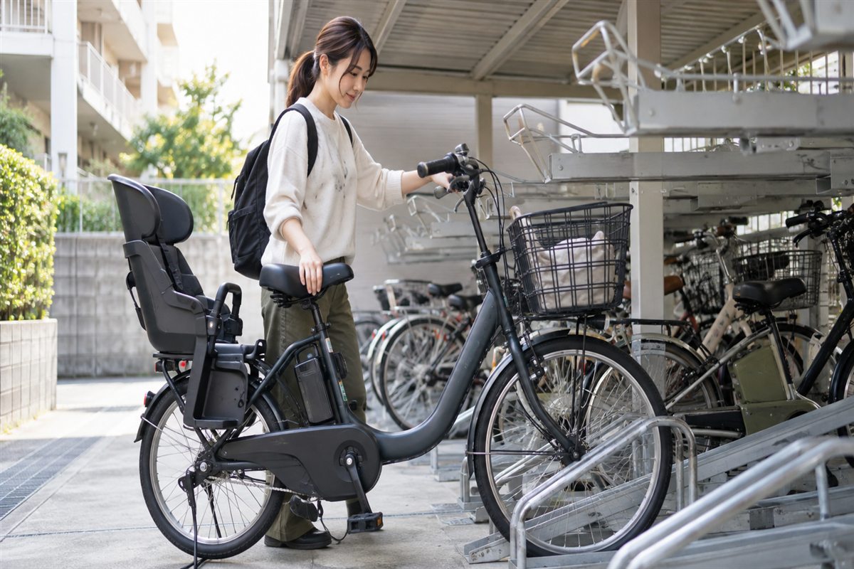 電動自転車の駐輪場のコツ｜ラック・機械式・マンションでの停め方に関する電動自転車の場面