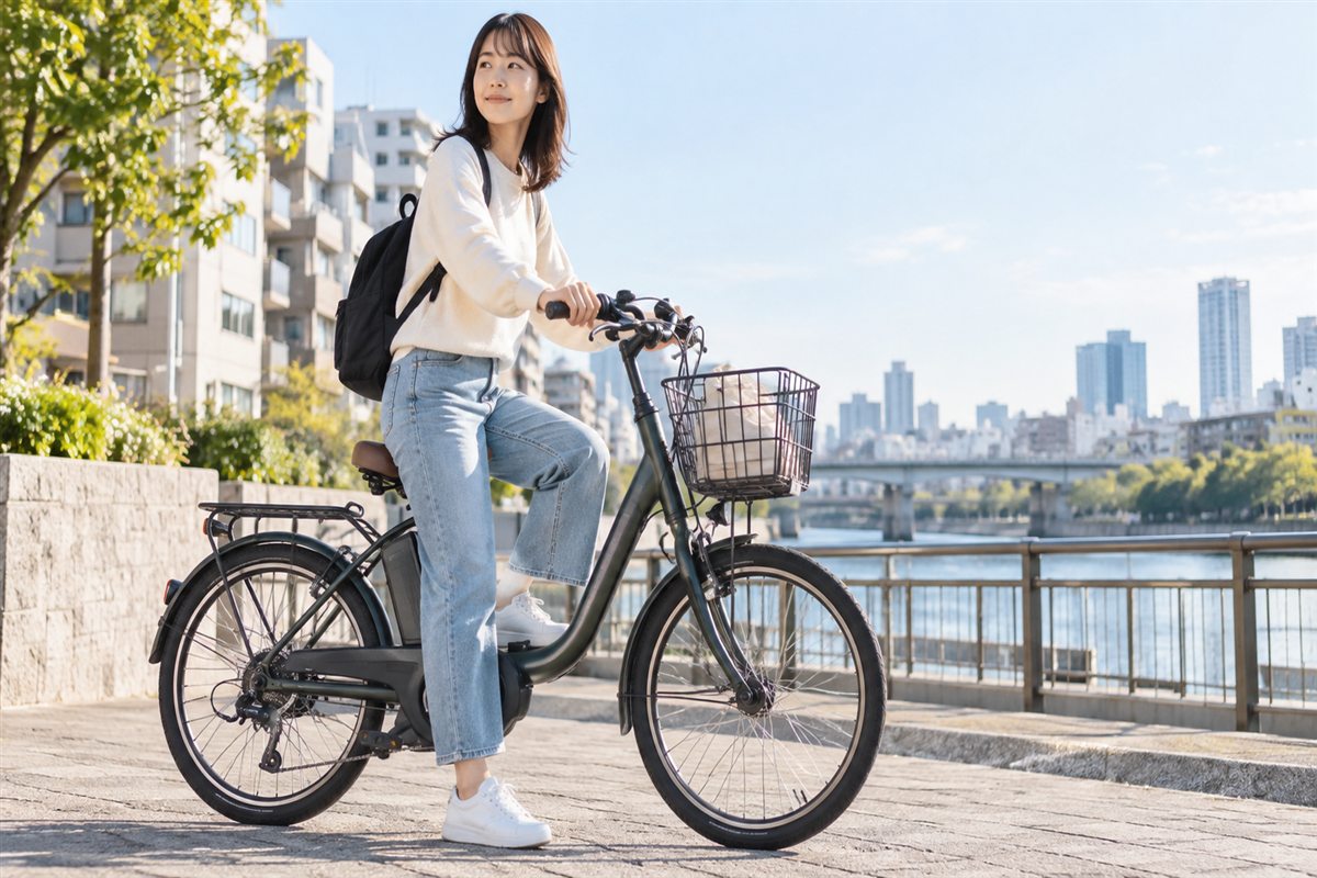 身長150cm女性の電動自転車の選び方｜20・24インチと足つき確認に関する電動自転車の場面