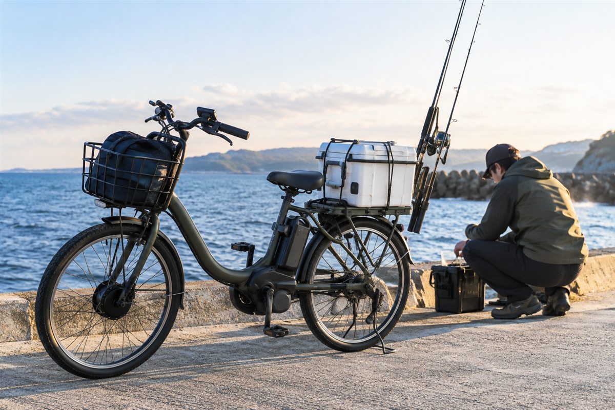 電動自転車で釣りに行くには？竿やクーラーの運び方と海辺の手入れに関する電動自転車の場面