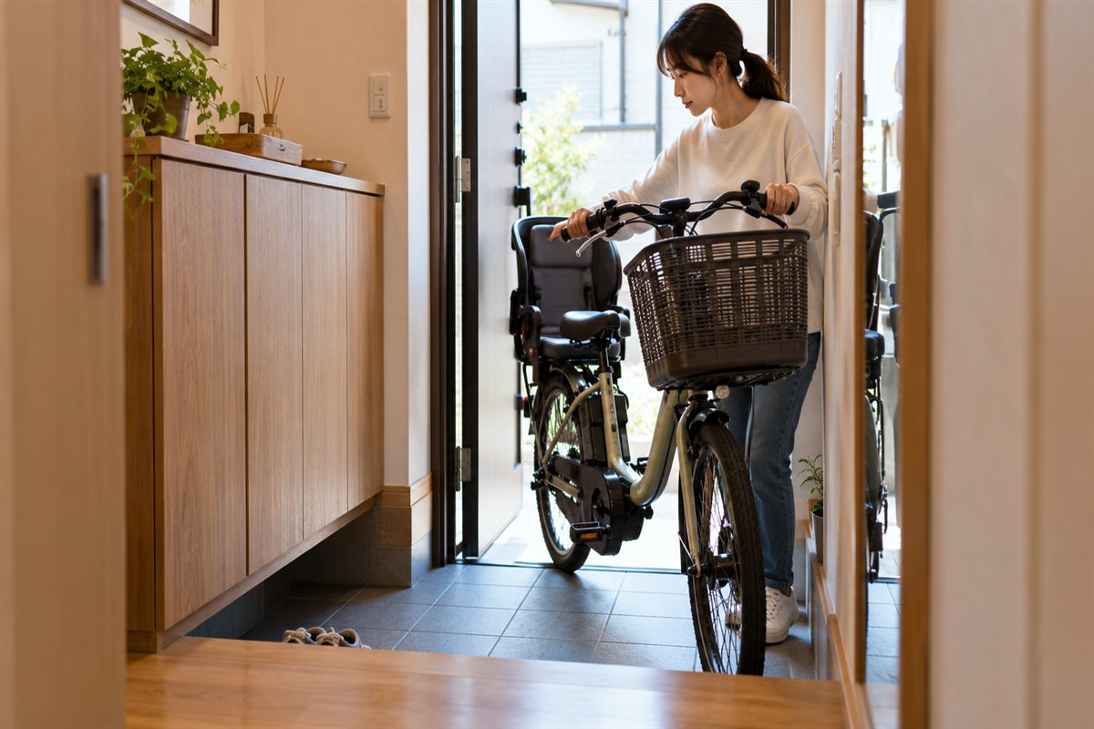 玄関が狭い家の電動自転車の保管｜寸法の測り方と出し入れの工夫に関する電動自転車の場面