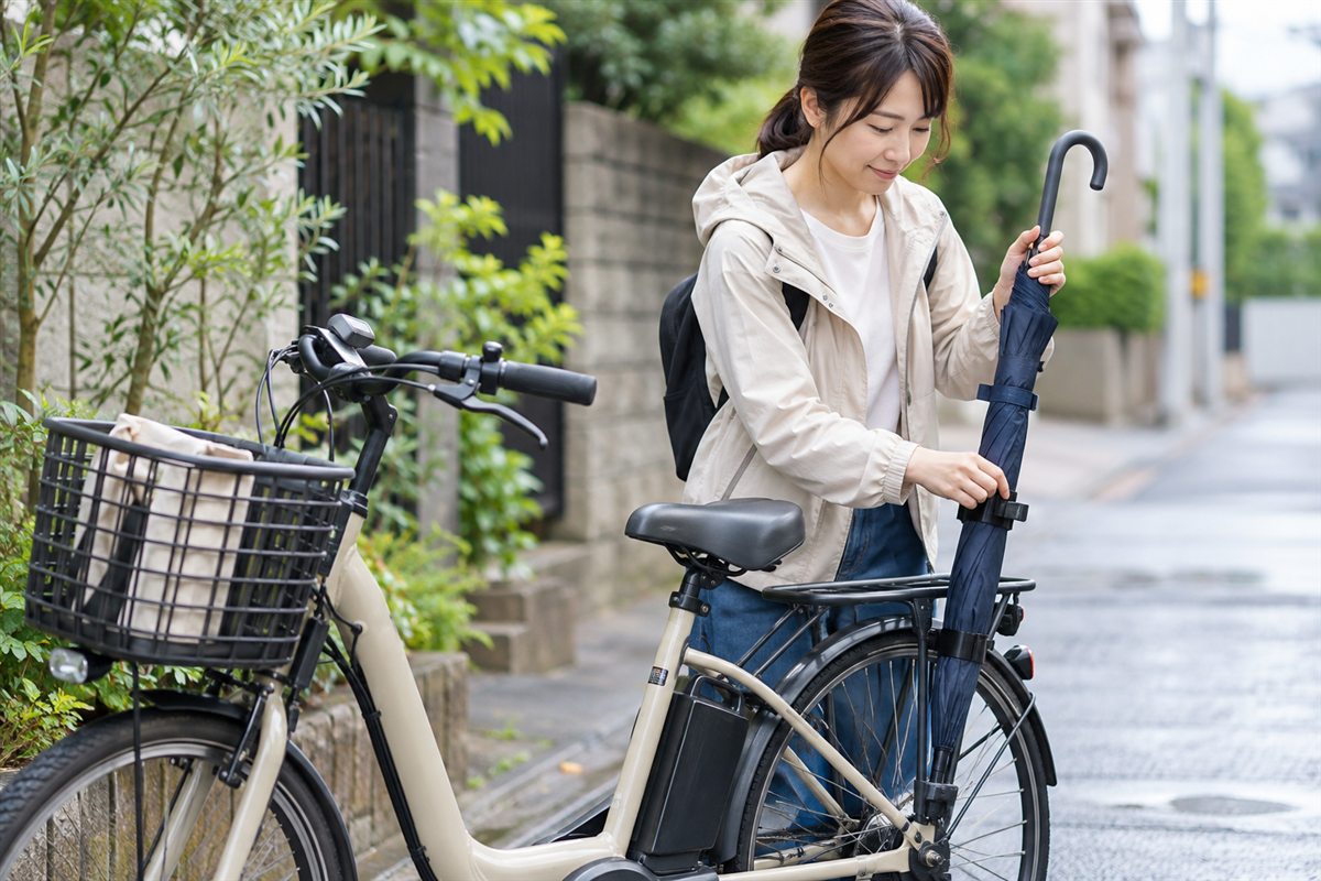 電動自転車で傘を持ち運ぶ方法｜収納と固定で気をつけたいことに関する電動自転車の場面