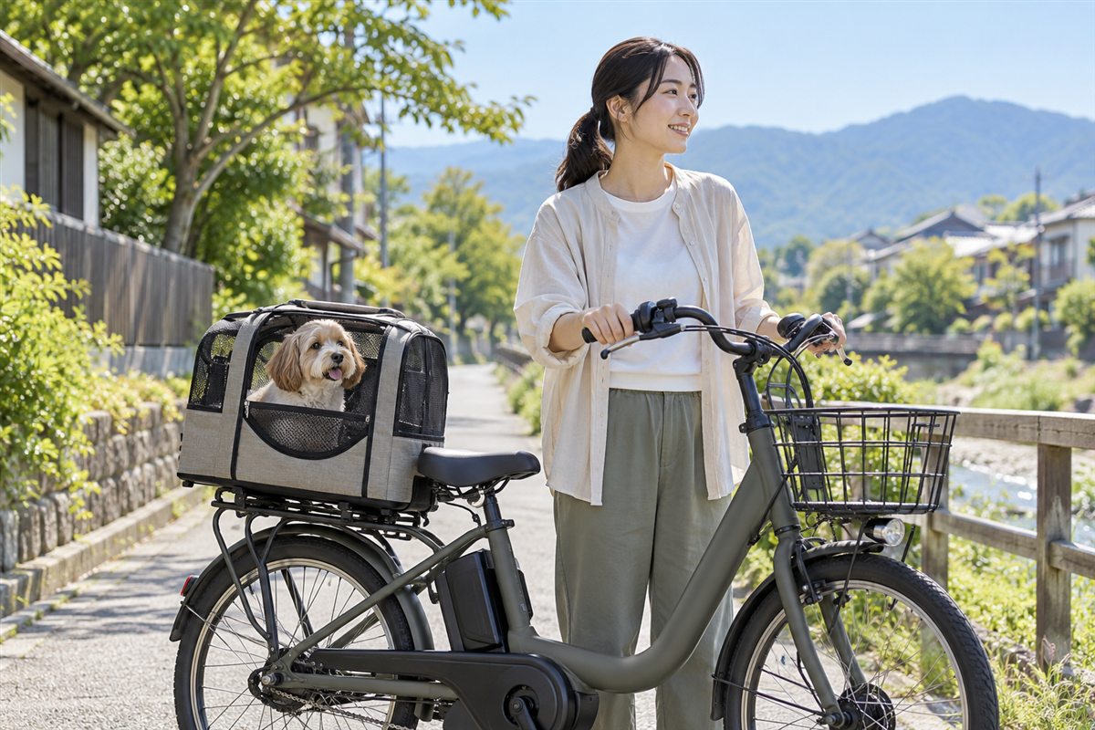犬用キャリーに入った小型犬と、そばに立つ飼い主の電動自転車