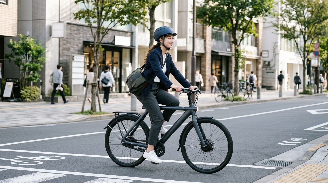 スタイリッシュなヘルメットを着用して電動アシスト自転車に乗る街乗りイメージ