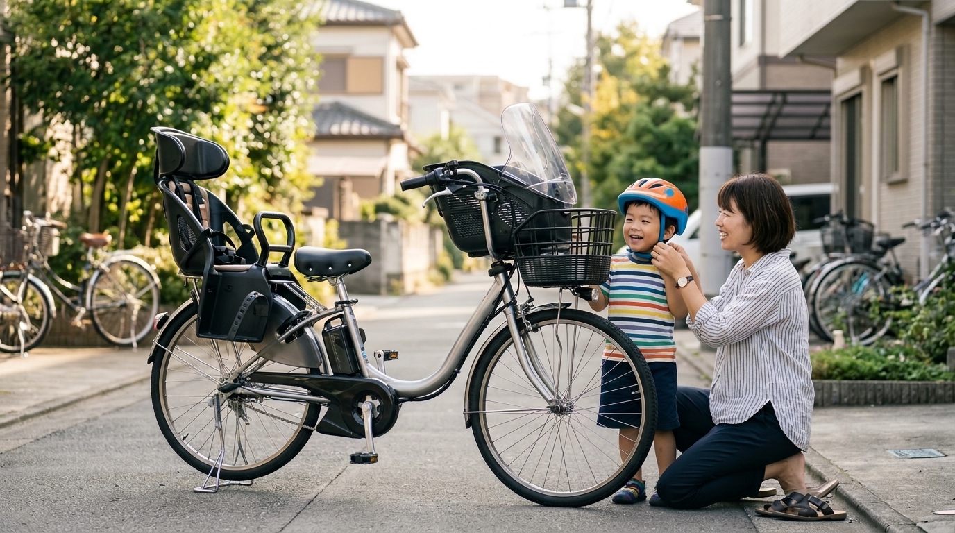 子ども乗せ電動自転車に乗る前に子どものヘルメットを調整する親子の様子