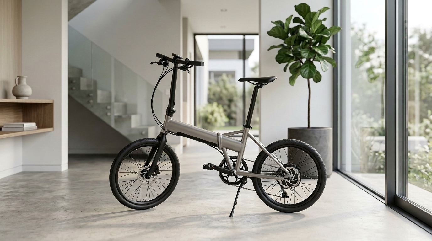 モダンな室内ガレージに佇む重量20kg以下の超軽量折りたたみ電動アシスト自転車