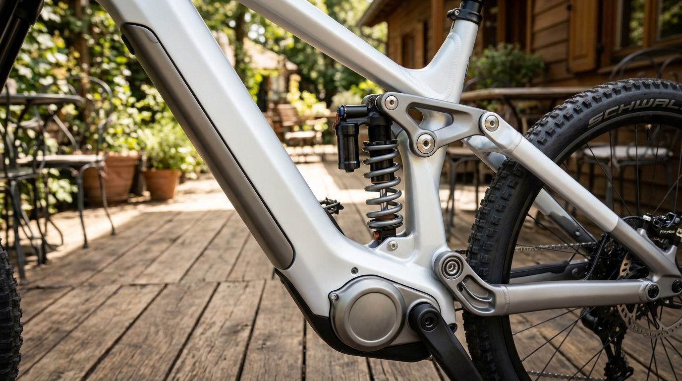 プレミアムミニベロe-bikeのフレーム内蔵バッテリーとリアサスペンション