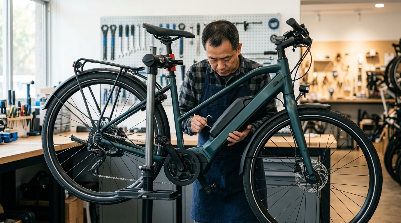 自転車プロショップで整備スタンドに載せられた電動アシスト自転車のバッテリーや駆動系を点検する様子